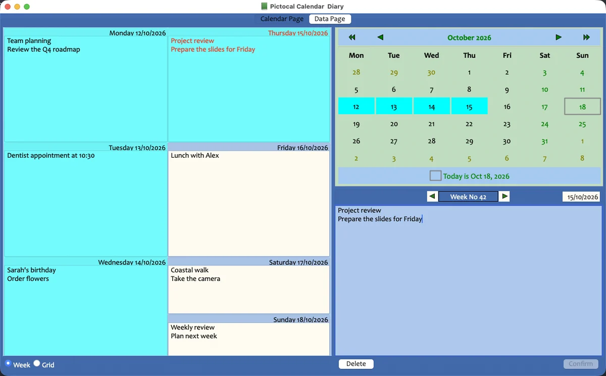 A range of dates selected in the calendar and week view