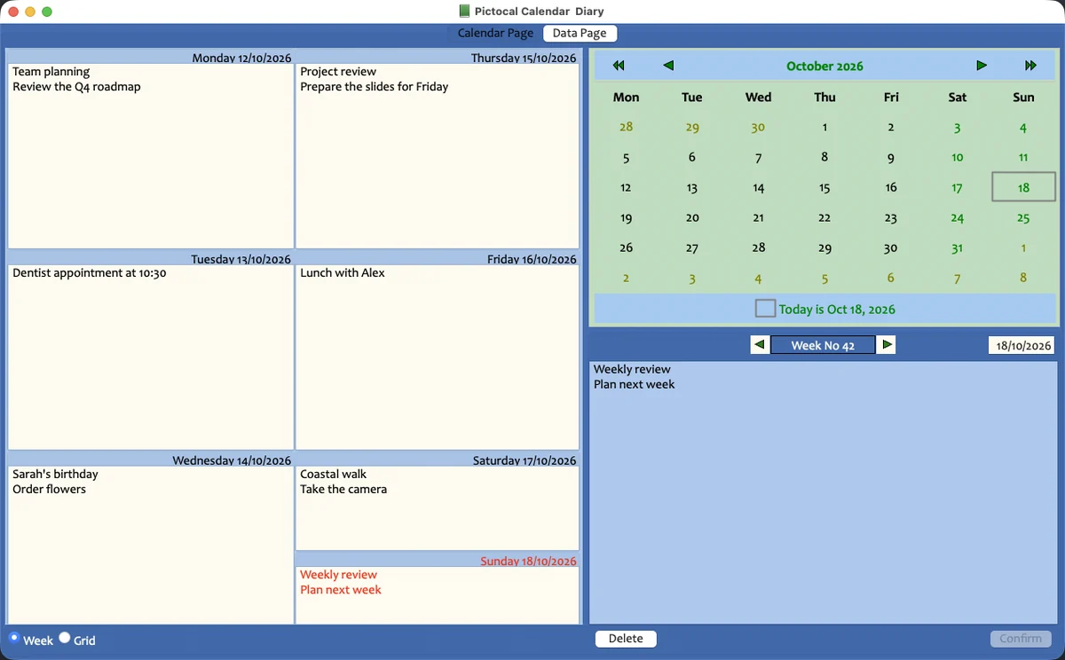 The Pictocal week view with seven day panes